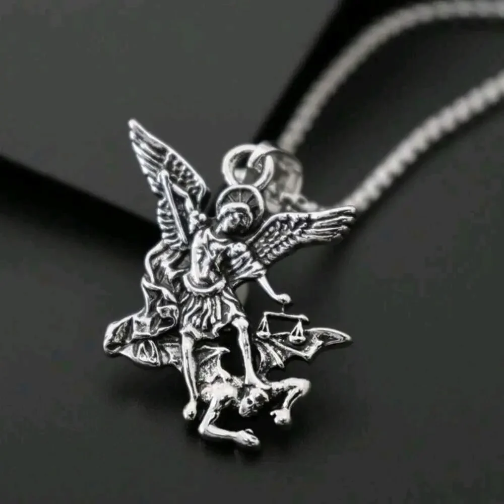 925 Silver Plated Archangel St. Michael Necklace Christmas Birthday Vtg Gift NEW